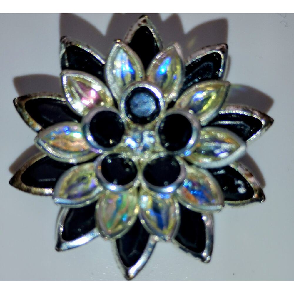 Vintage Signed Avon AB Rhinestone Black Flower Brooch Silver Tone Mid Century